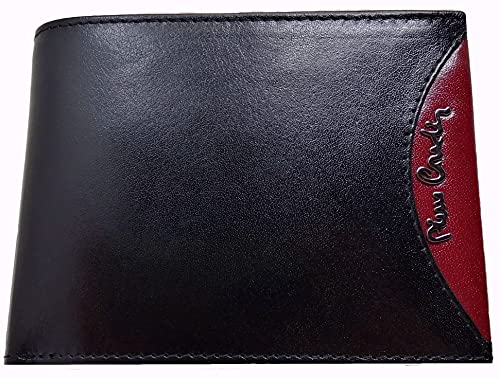 PIERRE CARDIN Cartera para Hombre, Fina, Fina, para Hombre, pequeña y Fina RFID, para Regalo, Cartera con Monedero, Fina, Billetera para niño (Negro/Rojo)