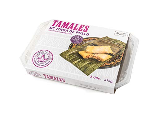 Plato Tradicional de Masa de Maíz, Relleno de Tinga de Pollo, Listo Para Comer, País de Origen España, Pack de 315g con Tres Piezas - Tamales de Tinga de Pollo LA REINA, 315g