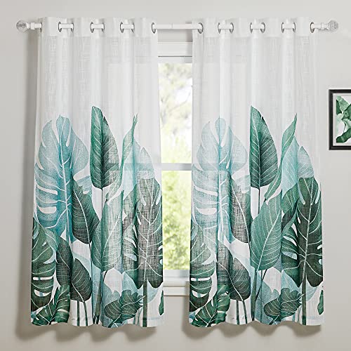PONY DANCE - Cortina de Gasa de Lino Estampada con Hojas de Plátano Cortinas Salón y Dormitorio Plantas Verdes, A 132 x L 160 cm, 2 Piezas