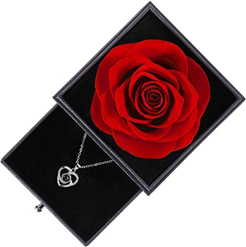 Preserved Real Rose with love you necklace in 100 lenguajes gift set- Eternal Rose Gift Box with pink Necklace, Handmade Fresh Rose Gift for Her on Birthday,Mother's Day,Valentine's Day (Red)