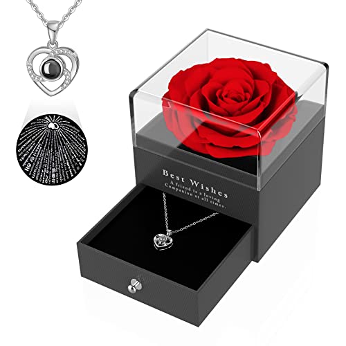 Preserved Real Rose with love you necklace in 100 lenguajes gift set- Eternal Rose Gift Box with pink Necklace, Handmade Fresh Rose Gift for Her on Birthday,Mother's Day,Valentine's Day (Red)