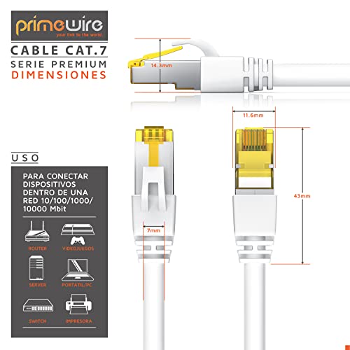 Primewire 30m Cable de Red Gigabit Ethernet Cat 7-10000 Mbit s - Cable de Conexión - Cable Cat.7 en Bruto con apantallamiento S FTP PIMF y Conector RJ45 - Punto de Acceso Switch Router Modem - Blanco