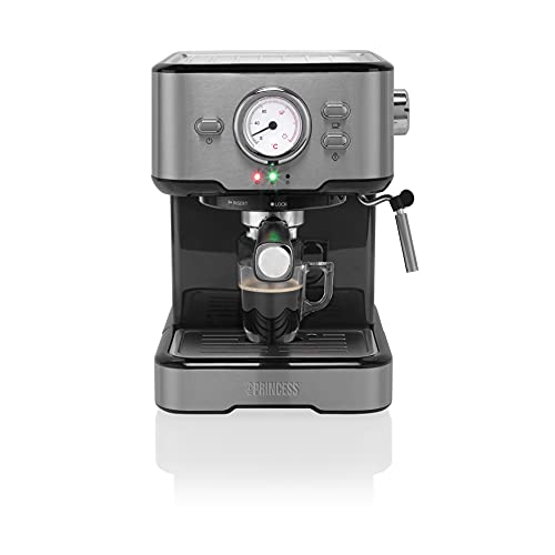 Princess 249412 Máquina de café para Espresso italiano, Compatible con cápsulas Nespresso, 20 bares de presión, Depósito extraíble de 1.5L, 1100 W, 1 o 2 tazas , Negro