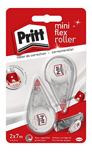 Pritt Corrector Mini Roller, corrector roller con punta flexible, cinta correctora con un cómodo tamaño, corrector blanco con tapa de protección, 2 cintas de 4,2mm x 7m