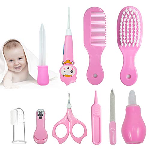 Productos de cuidado del bebé - 10 en 1 - Set portátil para el cuidado de la salud del bebé con cepillo, peine, tijeras, cortaúñas, etc. para el cuidado de los niños sanos y limpios (rosa)