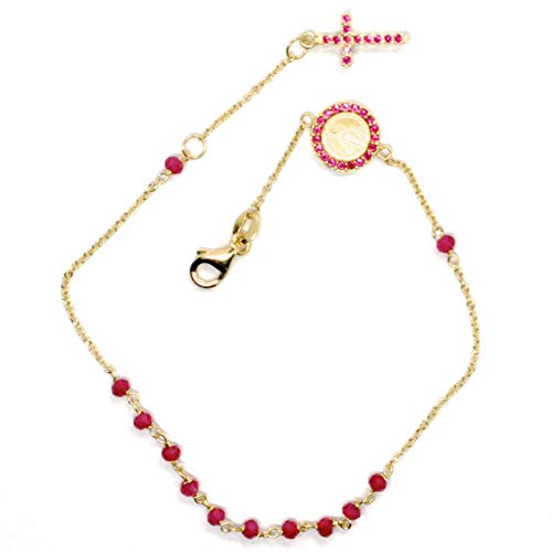 pulsera de Oro Amarillo De 18 K 750, rosario, con raíz de Rubí Rojo, Cruz, medalla milagrosa, longitud 17.5 – 19.5 cm, Fabricado en Italia