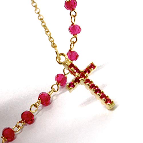 pulsera de Oro Amarillo De 18 K 750, rosario, con raíz de Rubí Rojo, Cruz, medalla milagrosa, longitud 17.5 – 19.5 cm, Fabricado en Italia
