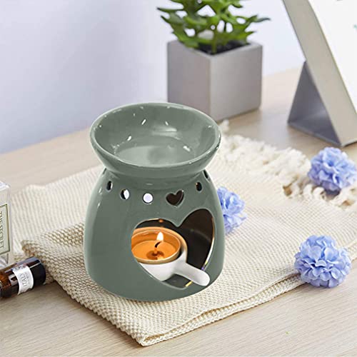 Quemador de aceite de cerámica, quemador de aceite en forma de corazón Calentador de horno de cera Horno Aroma de té Vela ligera Quemador de incienso Quemador de aceite esencial Incienso gris