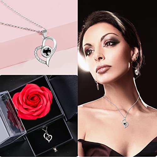 Regalo Mujer Regalos Madre Regalos Rosa Caja de Rosas de Amor y Collar de Corazón Regalo Romantico para Mujer, Regalos Originales para Mujer Cumpleaños San Valentin Aniversario, Rosa Dia de la Madre