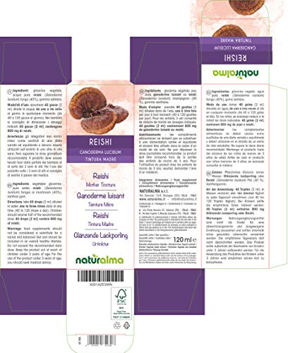 Reishi (Ganoderma lucidum) hongo Tintura Madre sin alcohol Naturalma | Extracto líquido gotas 120 ml | Complemento alimenticio | Vegano
