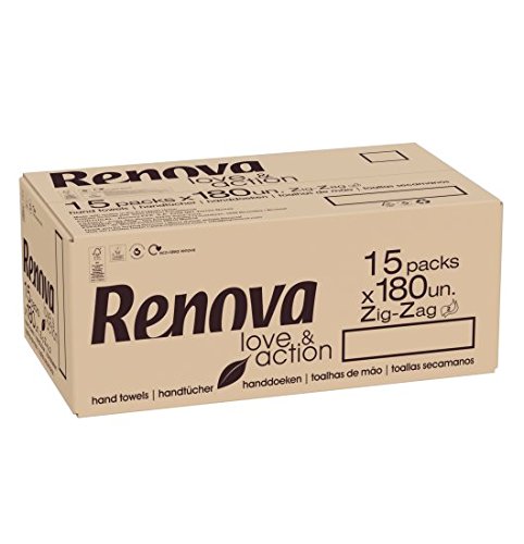 Renova Toallas Secamanos Zig-Zag Love&Action | 15 Paquetes de 180 Unidades | 2.700 unidades | Papel Kraft Ecológico 2 Capas | Certificado FSC & Ecolabel