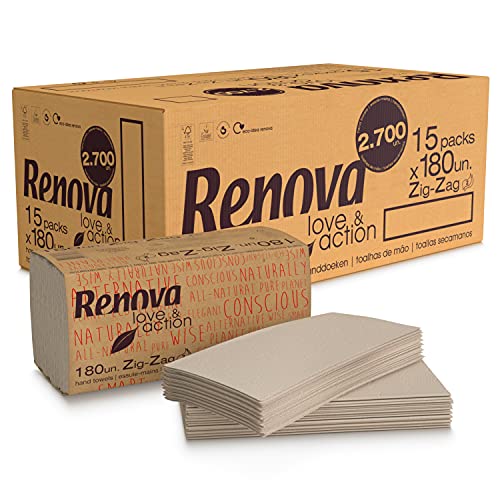 Renova Toallas Secamanos Zig-Zag Love&Action | 15 Paquetes de 180 Unidades | 2.700 unidades | Papel Kraft Ecológico 2 Capas | Certificado FSC & Ecolabel