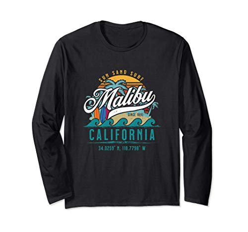 Retro Malibu California Sun Sand Surf Beach Palm Trees Gift Manga Larga
