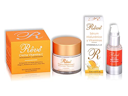 REVE pack - Crema Facial Vitamina C + Sérum Hialurónico y Vitaminas A, C y E - Antioxidante, Luminosidad, Hidratación - Hombre y Mujer, Día y Noche - Cosmética natural - Crema 55 ml - Sérum 20ml