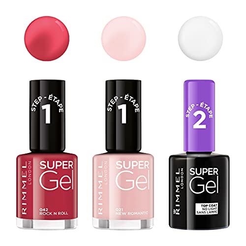 Rimmel London Pack Super Gel, Esmaltes de uñas Tonos 21, 42 y Top Coat