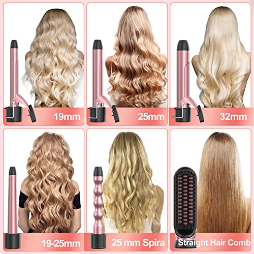 Rizador de Pelo Profesional, Tenacillas de Pelo con Peine de Pelo Liso, 6 Tubo Rizador de Cerámica Intercambiables, Calentamiento Instantáneo Temperatura Ajustable, Para Todos Peinados