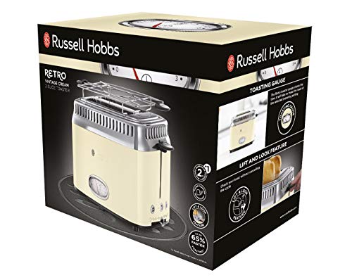 Russell Hobbs Tostadora Retro - Vintage,2 Ranuras Cortas y Anchas, para 2 Rebanadas, Acero Inoxidable, Crema - 21682-56