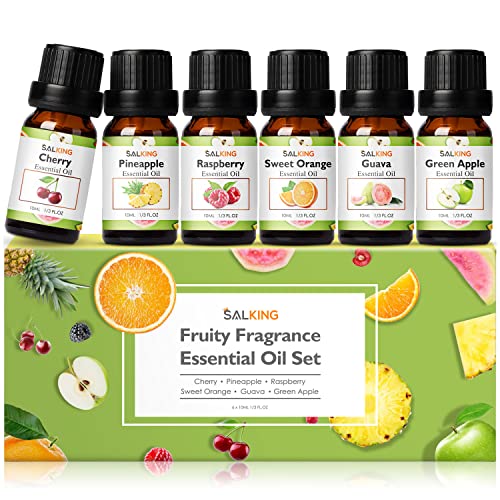 SALKING Juego de Aceite Esencial de Fragancia con Sabor a Fruta, Aceites Esenciales para Humidificador de Velas, Piña, Guayaba, Frambuesa, Manzana Verde, Naranja, Cereza 6 x 10 ml