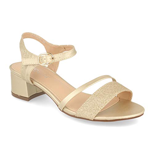 Sandalia de Vestir para Mujer con Tacon Ancho, Tiras Brillantes en la Pala y el Tobillo y Ankle Strap con Hebilla. Primavera Verano 2020. Talla 41 Oro