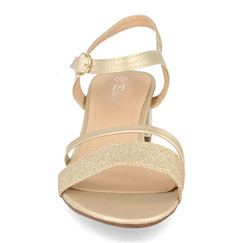Sandalia de Vestir para Mujer con Tacon Ancho, Tiras Brillantes en la Pala y el Tobillo y Ankle Strap con Hebilla. Primavera Verano 2020. Talla 41 Oro