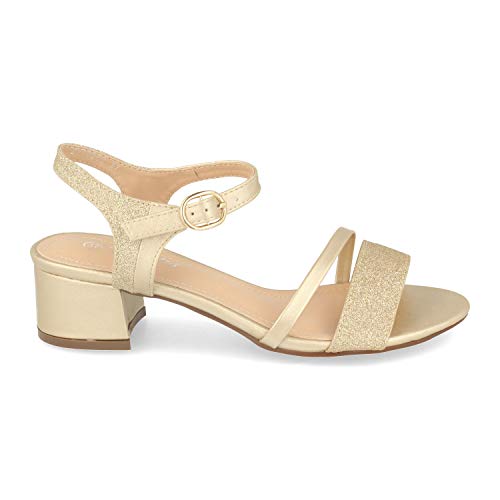 Sandalia de Vestir para Mujer con Tacon Ancho, Tiras Brillantes en la Pala y el Tobillo y Ankle Strap con Hebilla. Primavera Verano 2020. Talla 41 Oro