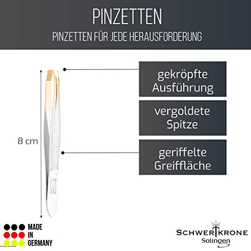 Schwertkrone Profi Solingen - Pinzas para depilar cejas (8 cm, curvadas, chapadas en oro)