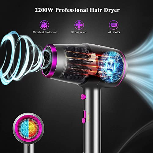 Secador Pelo Profesional Ionico Viaje con Difusor 2200W para Mujer Hombre,Secador de Cabello Rizado Peluqueria 3 Velocidades,Secador de Pelo Rizos Potente Ligero Portátil Hogar Salón