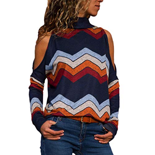 SHOBDW Mujeres Moda Primavera Otoño Frío Hombro Tallas Grandes Camisetas de Manga Larga Cuello Alto Suelta Oficina Señoras Blusa Vintage Geométrico Estampado Floral Jumper Señoras Top(Armada,M)