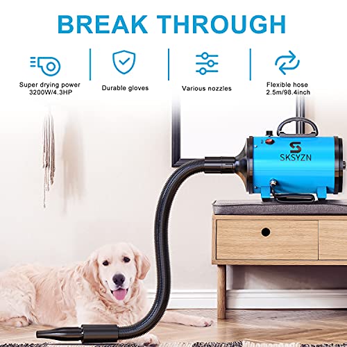 SKSYZN Secador de Pelo para Perros 3200w/4.3HP Ruido bajo Calor Ajustable y Velocidad con 1 Guante, Manguera de 2.5 M, 4 boquillas Perro Pelo Secador Profesional