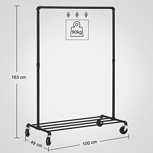 SONGMICS Perchero Burro Industrial con Ruedas, Capacidad de Carga de 90 kg, Perchero Metálico con Barra para Colgar, Estante de Almacenamiento, Negro HSR61BK