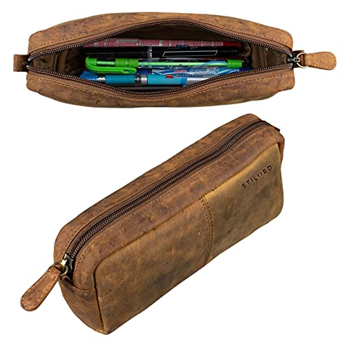 STILORD 'Spencer' Estuche para Lápices Cuero Vintage Bolsa Portatodo para Maquillaje Cartuchera de Genuino Piel, Color:marrón - Medio