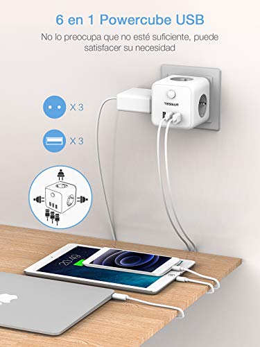 TESSAN Enchufe con USB, Ladron Enchufes Pared 3 USB y ladron 3 Tomas, 6 en 1 Cargador Cubo Enchufe USB Multiple con Interruptor Compatible con Phone, Práctico para Casa, Oficina y Viaje, Blanco