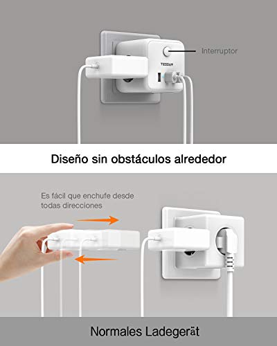 TESSAN Enchufe con USB, Ladron Enchufes Pared 3 USB y ladron 3 Tomas, 6 en 1 Cargador Cubo Enchufe USB Multiple con Interruptor Compatible con Phone, Práctico para Casa, Oficina y Viaje, Blanco