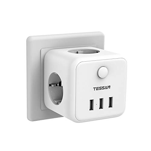 TESSAN Enchufe con USB, Ladron Enchufes Pared 3 USB y ladron 3 Tomas, 6 en 1 Cargador Cubo Enchufe USB Multiple con Interruptor Compatible con Phone, Práctico para Casa, Oficina y Viaje, Blanco