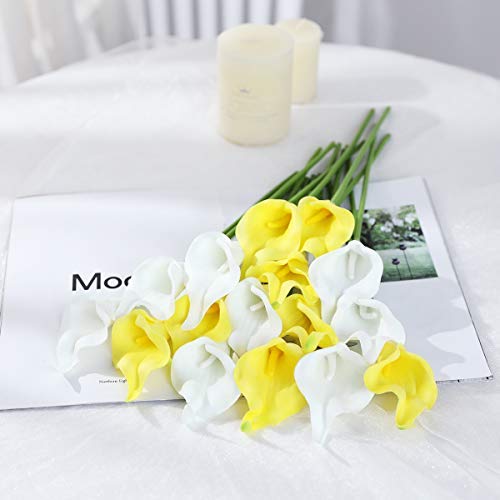 Tifuly 24 Piezas de Lirios Artificiales de látex, Ramos de Flores Falsos de Lirio de Tallo Realista para el hogar, Bodas, Fiestas, decoración de oficinas, arreglos Florales (Amarillo + Blanco)