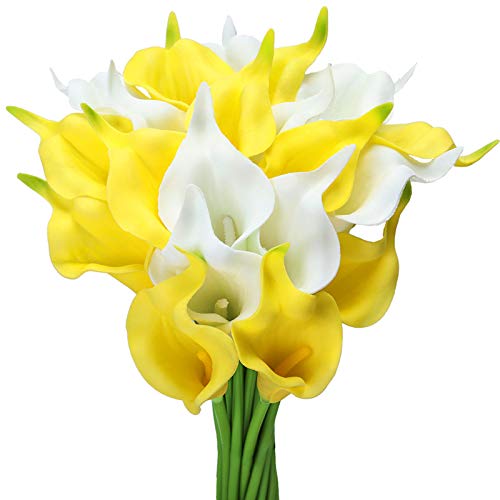 Tifuly 24 Piezas de Lirios Artificiales de látex, Ramos de Flores Falsos de Lirio de Tallo Realista para el hogar, Bodas, Fiestas, decoración de oficinas, arreglos Florales (Amarillo + Blanco)