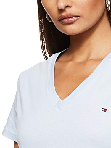 Tommy Hilfiger V-Neck T Camiseta de Manga Corta con Cuello de Pico y Logo en el Pecho, Breezy Blue, 32 (Talla del Fabricante: XX-Small) para Mujer