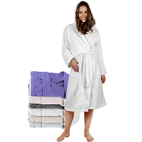 Twinzen Albornoz de Baño 100% Algodón con Capucha para Mujer (M, Blanco Alabastro) Certificado Oeko Tex - Bata Mujer 2 Bolsillos, Cinturón y Cierre - Suave, Absorbente y Cómodo.