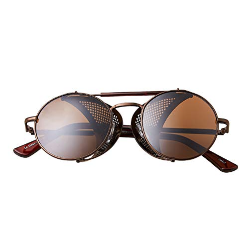 UltraByEasyPeasyStore Marrón con Lentes Marrones Gafas de Sol con Protección Lateral Retro Steampunk Azules Mujeres y Hombres Gafas Metálicas Góticas Circulares Cosplay Unisex con Protección UV400