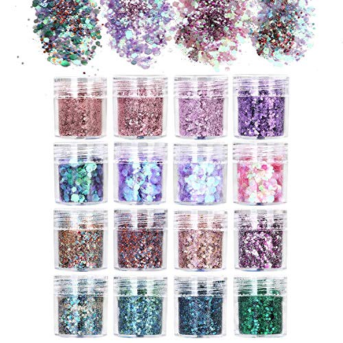 URAQT 16 Colores Purpurinas Polvo, Chunky Glitter Flakes Paillette Brillante Decoración para Cara Maquillaje Pelo Arte Corporal Uñas y Mejilla-A