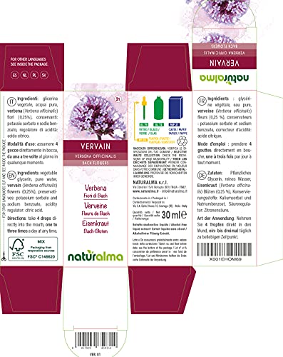 Vervain o Verbena (Verbena officinalis) Flores de Bach Naturalma | No. 31 | Gotas 30 ml | Extracto líquido sin alcohol | Esencias florales | Vegano y libre de alcohol