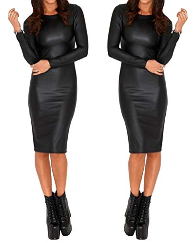 Vestido de Cuero para Mujer Moda Manga Larga Bodycon Vestidos Clubwear Fiesta Cóctel Noche Club Nocturno Dress Negro 01 ES 36