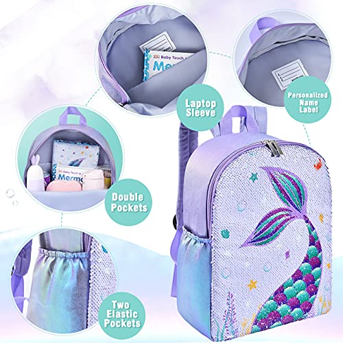 WERNNSAI Juego de mochila para niños de sirena escolar de lentejuelas de sirena de 15 pulgadas con bolsa de almuerzo para niñas preescolar jardín infantes mochila para computadora portátil aislada