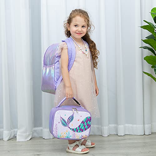 WERNNSAI Juego de mochila para niños de sirena escolar de lentejuelas de sirena de 15 pulgadas con bolsa de almuerzo para niñas preescolar jardín infantes mochila para computadora portátil aislada