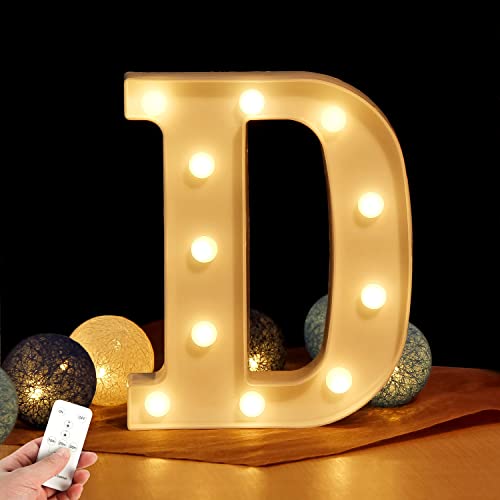 WHATOOK Letras Luminosas Decorativas con Luces LED, con temporizador inalámbrico y mando a distancia regulable, Color Blanco - Letra D