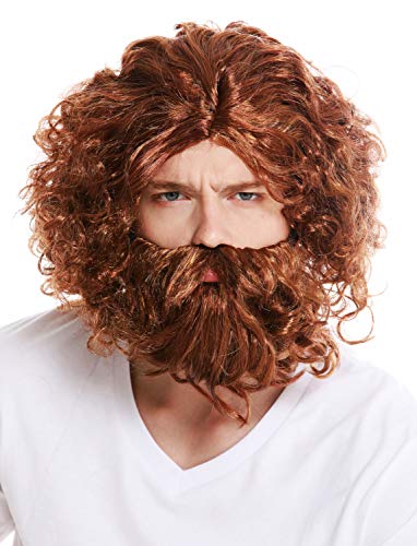 WIG ME UP- 6098A+B-P340-P27 Peluca y Barba Carnaval Hombre primitivo Neanderthal Silvano bárbaro ermitaño Mezcla de Color castaño Rojizo Rubio