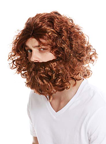 WIG ME UP- 6098A+B-P340-P27 Peluca y Barba Carnaval Hombre primitivo Neanderthal Silvano bárbaro ermitaño Mezcla de Color castaño Rojizo Rubio