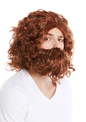 WIG ME UP- 6098A+B-P340-P27 Peluca y Barba Carnaval Hombre primitivo Neanderthal Silvano bárbaro ermitaño Mezcla de Color castaño Rojizo Rubio