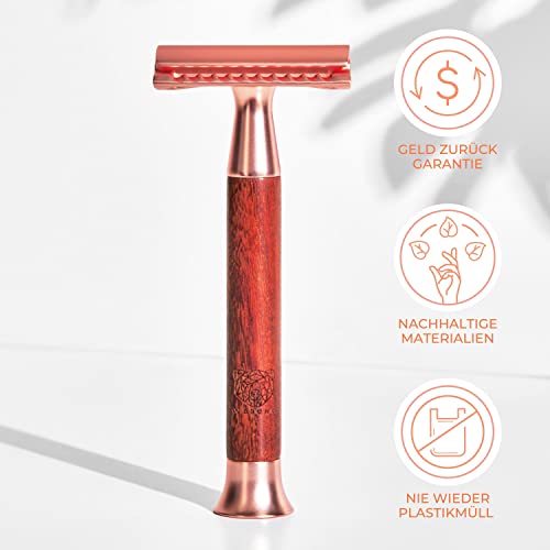 WLDOHO® Maquinilla de Afeitar Clásica - Maquinilla de Doble Filo de Madera de Sándalo - 5 Cuchillas para el Safety Razor - Vagard