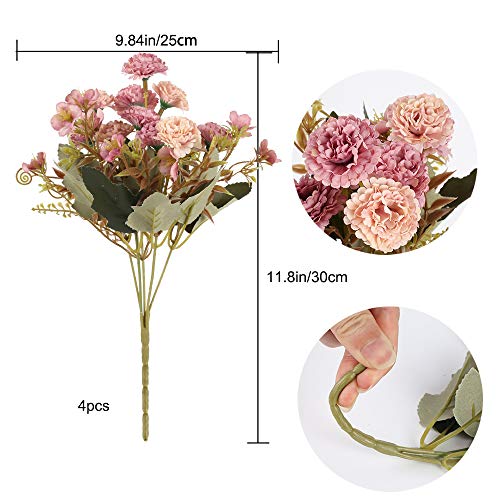 XHXSTORE 4pcs Ramo de Flores Artificiales Claveles de Seda 5 Rama con 11 Flor Peonía Pequeña Vintage Flores Artificiales Decoracion Jarrones para Hogar Boda Centro de Mesa Interior Floral Color Rosa